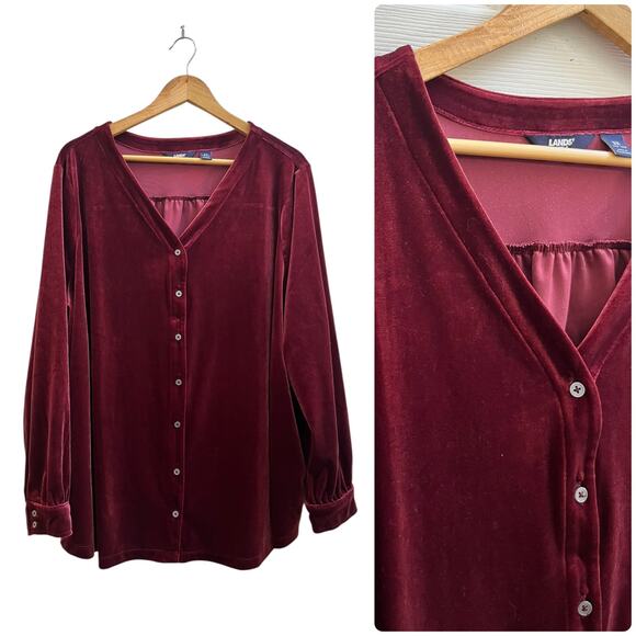 Lands End Rich Burgundy Velvet V Neck Long Sleeve Button Down Blouse Size 3X - Picture 2 of 12